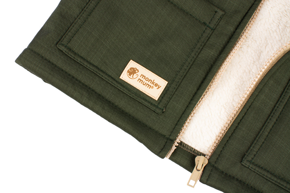 Jachetă de iarnă din softshell pentru copii cu blăniță Monkey Mum® - Micul vânător kaki