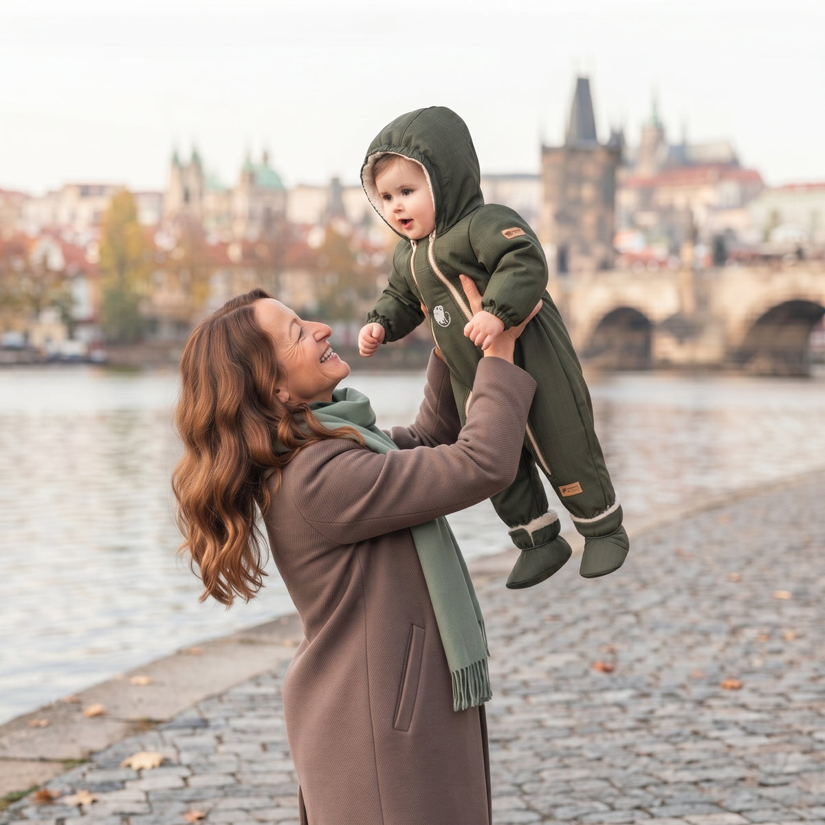 Monkey Mum® Salopetă de iarnă din softshell pentru copii cu blăniță - Micul vânător kaki - măr. 62/68, 74/80