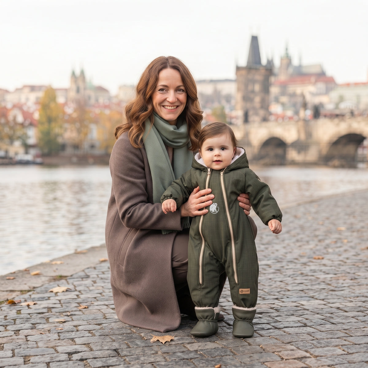 Monkey Mum® Salopetă de iarnă din softshell pentru copii cu blăniță - Micul vânător kaki - măr. 62/68, 74/80