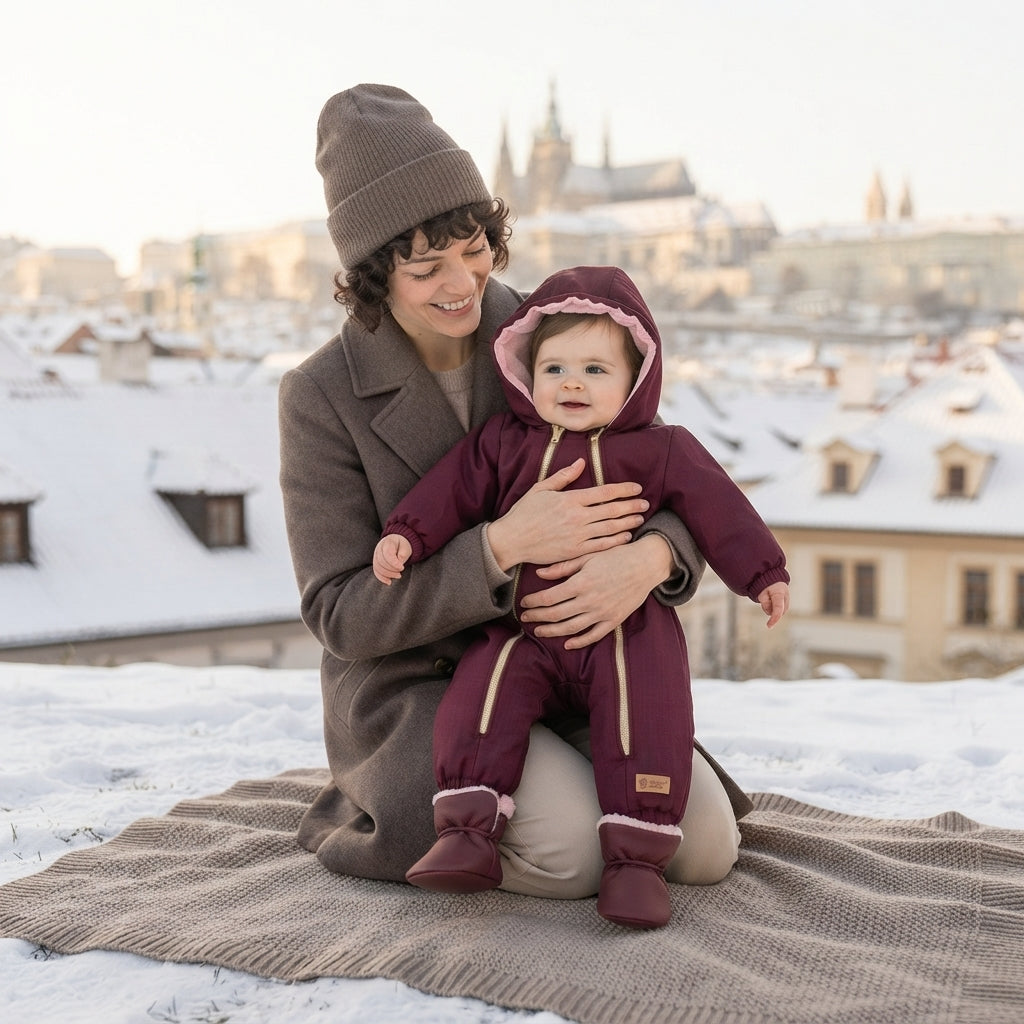 Monkey Mum® Salopetă de iarnă din softshell pentru copii cu blăniță - Scufița Roșie bordo - măr. 62/68, 74/80