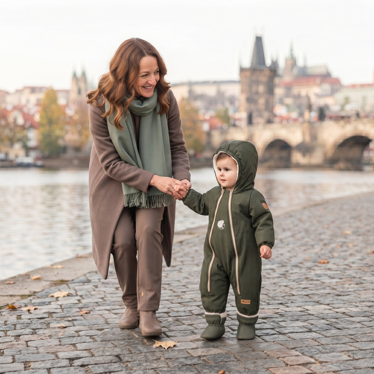 Monkey Mum® Salopetă de iarnă din softshell pentru copii cu blăniță - Micul vânător kaki - măr. 62/68, 74/80
