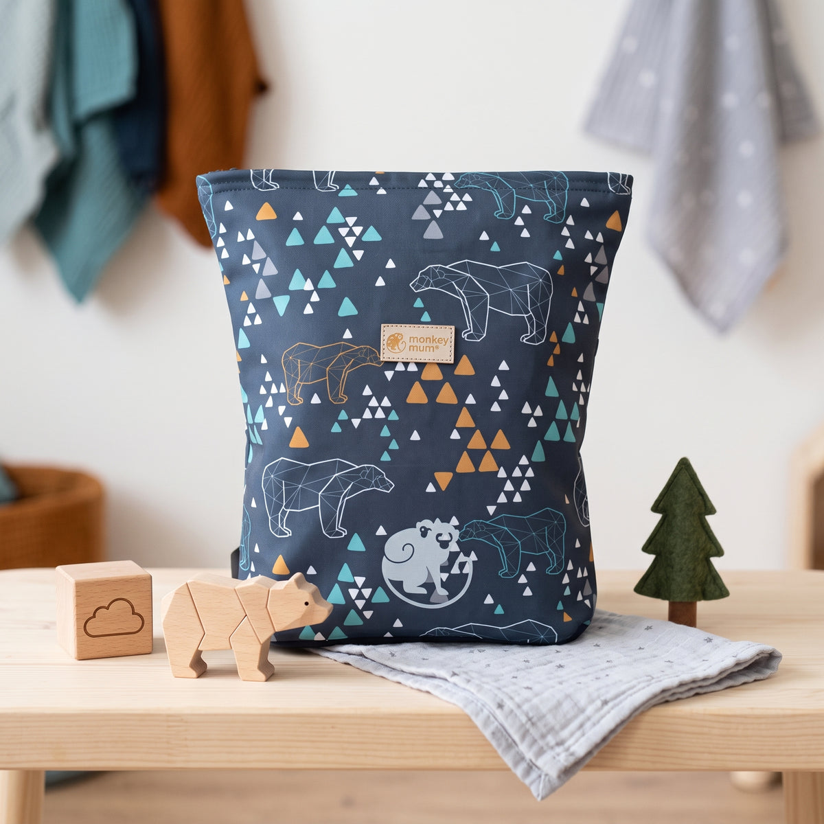 Rucsac softshell pentru copii Monkey Mum® - Urs origami - Albastru închis