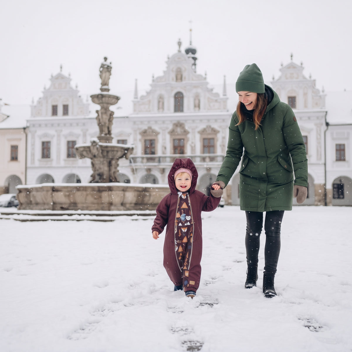 Monkey Mum® Combinezon de iarnă softshell pentru copii cu blăniță de miel - Scufița vișinie în pădure - măr. 62/68, 74/80