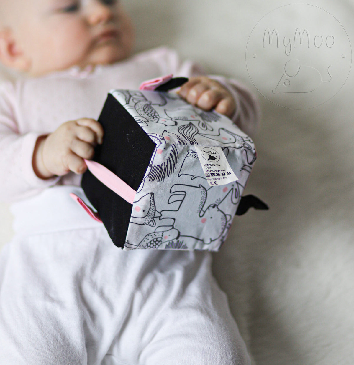 MyMoo Cub textil Busy cube – Animale de pădure/roz