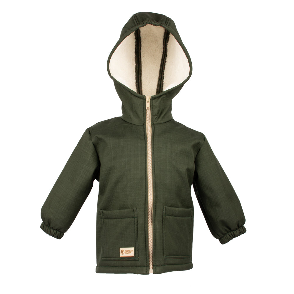 Jachetă de iarnă din softshell pentru copii cu blăniță Monkey Mum® - Micul vânător kaki