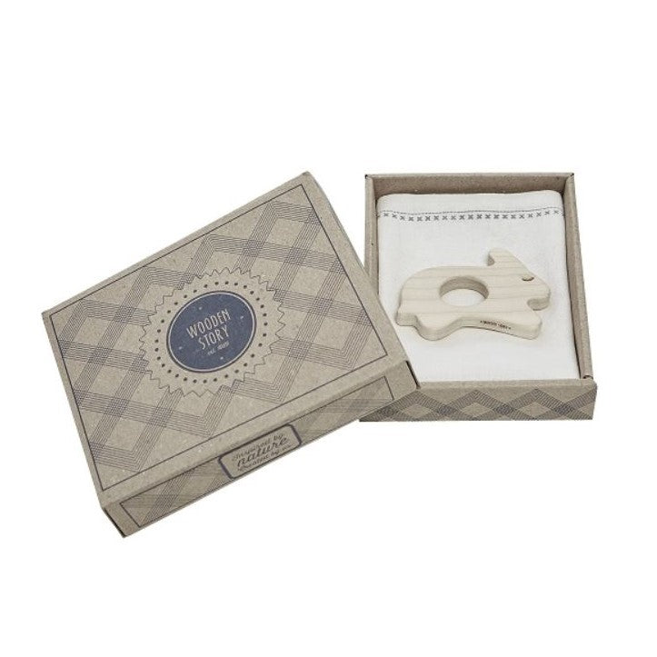 Wooden Story Mini inel pentru dentiție – Iepuraș cu batistă