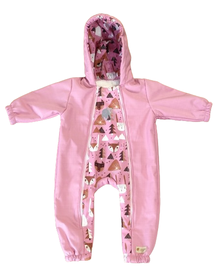 Monkey Mum® Combinezon de iarnă softshell pentru copii cu blăniță de miel - Oiță roz în pădure - măr. 62/68, 74/80