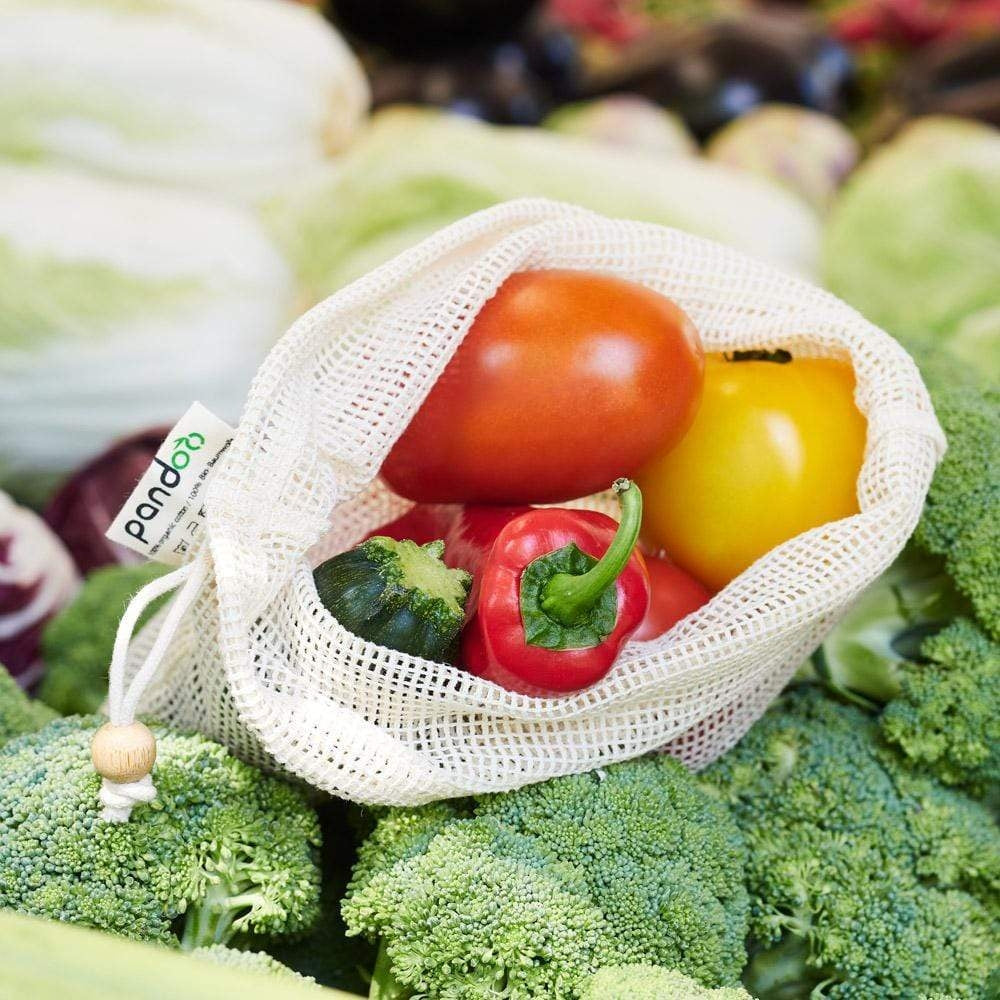 Săculeț de plasă din bumbac organic pentru fructe, legume și pâine set 7 buc