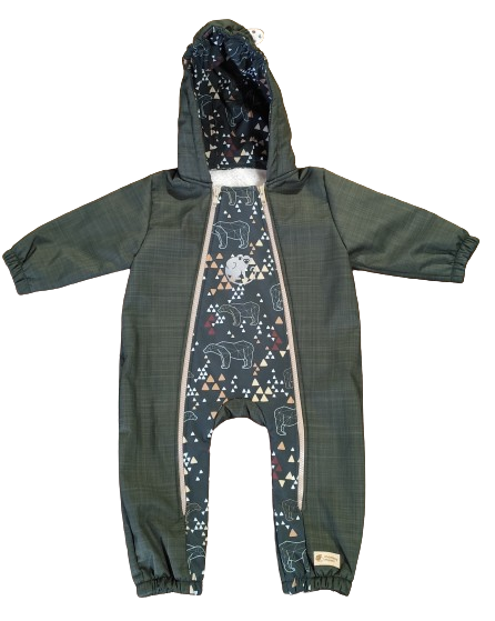 Monkey Mum® Combinezon de iarnă softshell pentru copii cu blăniță de miel - Micul vânător kaki cu ursuleț - măr.62/68, 74/80