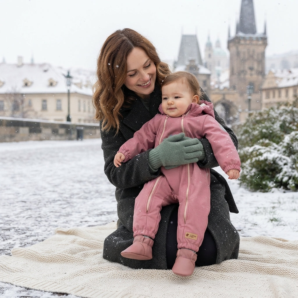 Monkey Mum® Salopetă de iarnă din softshell pentru copii cu blăniță - Oiță roz - măr. 62/68, 74/80