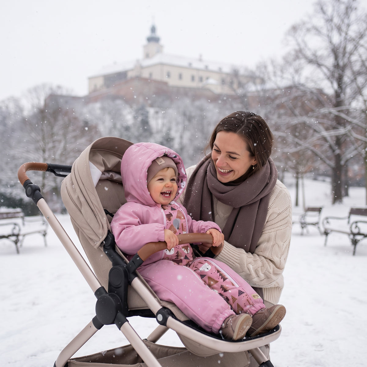 Monkey Mum® Combinezon de iarnă softshell pentru copii cu blăniță de miel - Oiță roz în pădure - măr. 62/68, 74/80