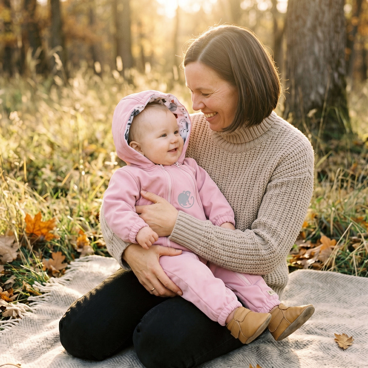 Monkey Mum® combinezon softshell cu membrană – Animăluțe dulci - măr. 62/68, 74/80