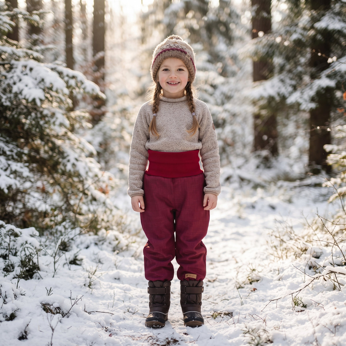 Pantaloni de iarnă extensibili din softshell pentru copii cu blăniță Monkey Mum® - Scufița Roșie bordo