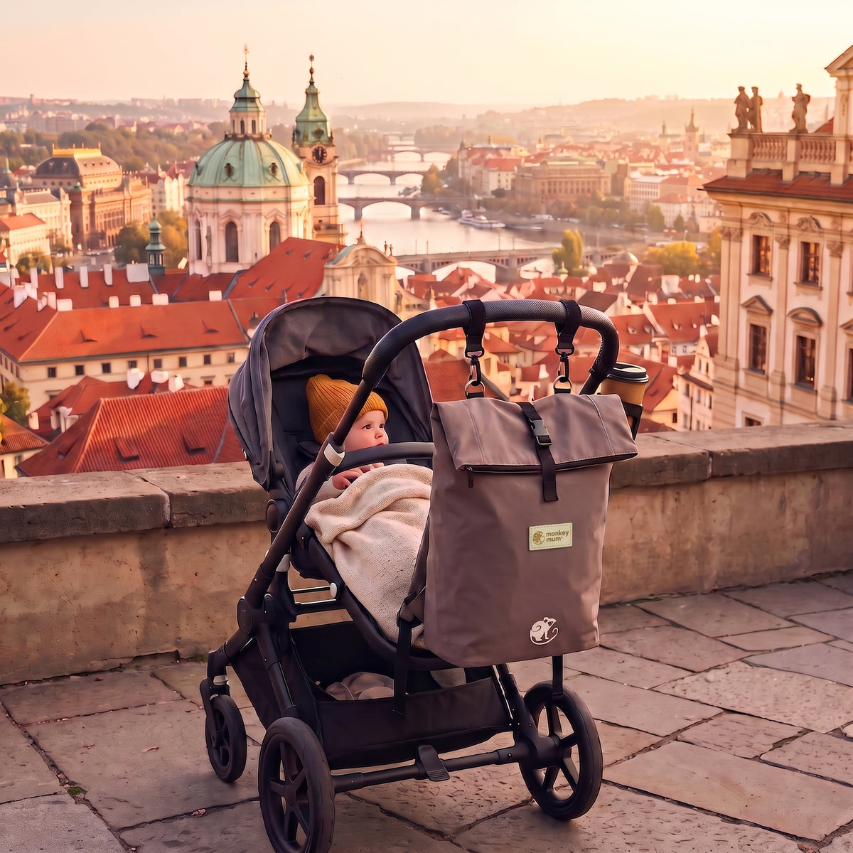 Monkey Mum® Rucsac din twill pentru cărucior – Briză proaspătă