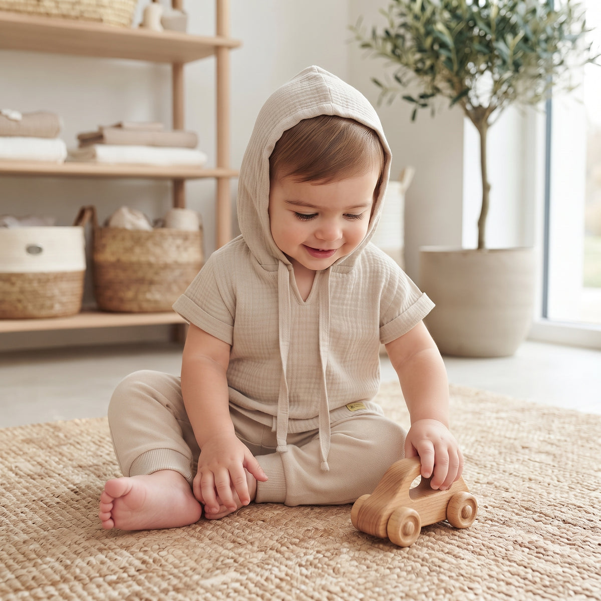 Tricou din muselină cu glugă Monkey Mum® - Bej