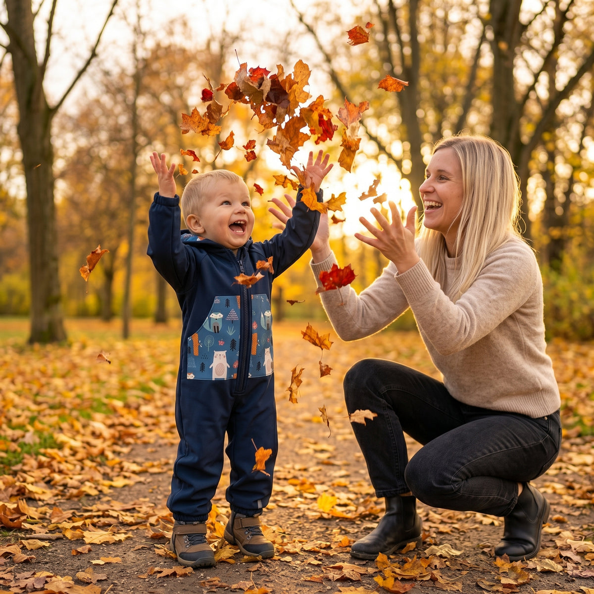 Monkey Mum® Combinezon softshell cu membrană – Cerul nopții cu animăluțe - măr. 98/104, 110/116