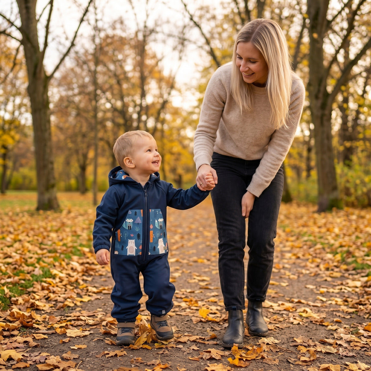 Monkey Mum® Combinezon softshell cu membrană – Cerul nopții cu animăluțe - măr. 98/104, 110/116
