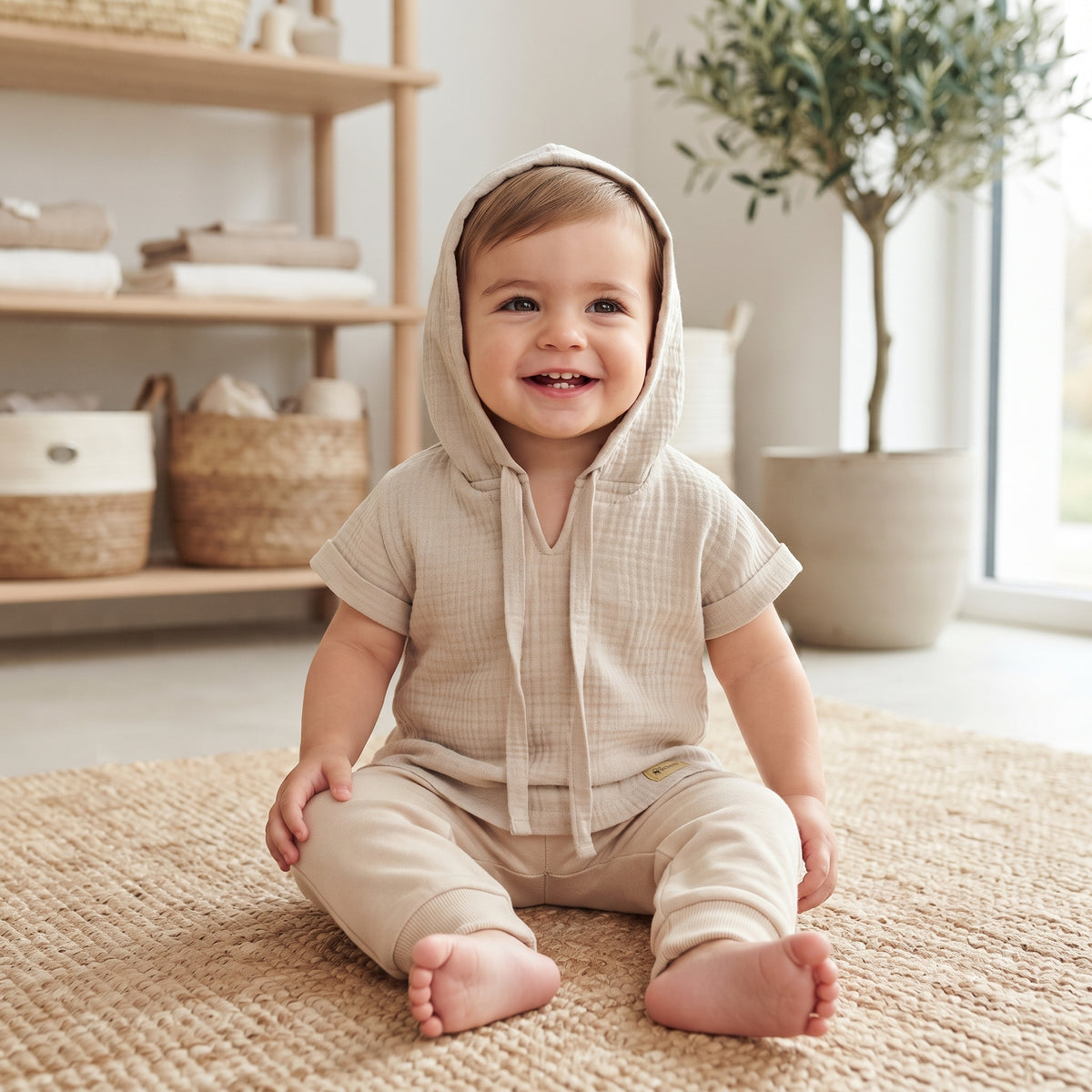 Tricou din muselină cu glugă Monkey Mum® - Bej