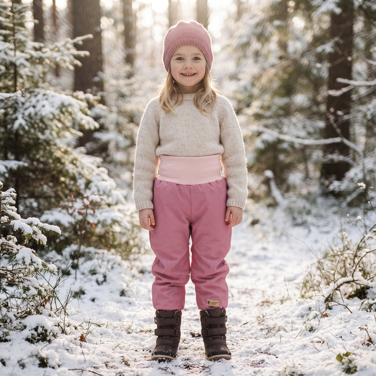 Pantaloni de iarnă extensibili din softshell pentru copii cu blăniță Monkey Mum® - Oiță roz