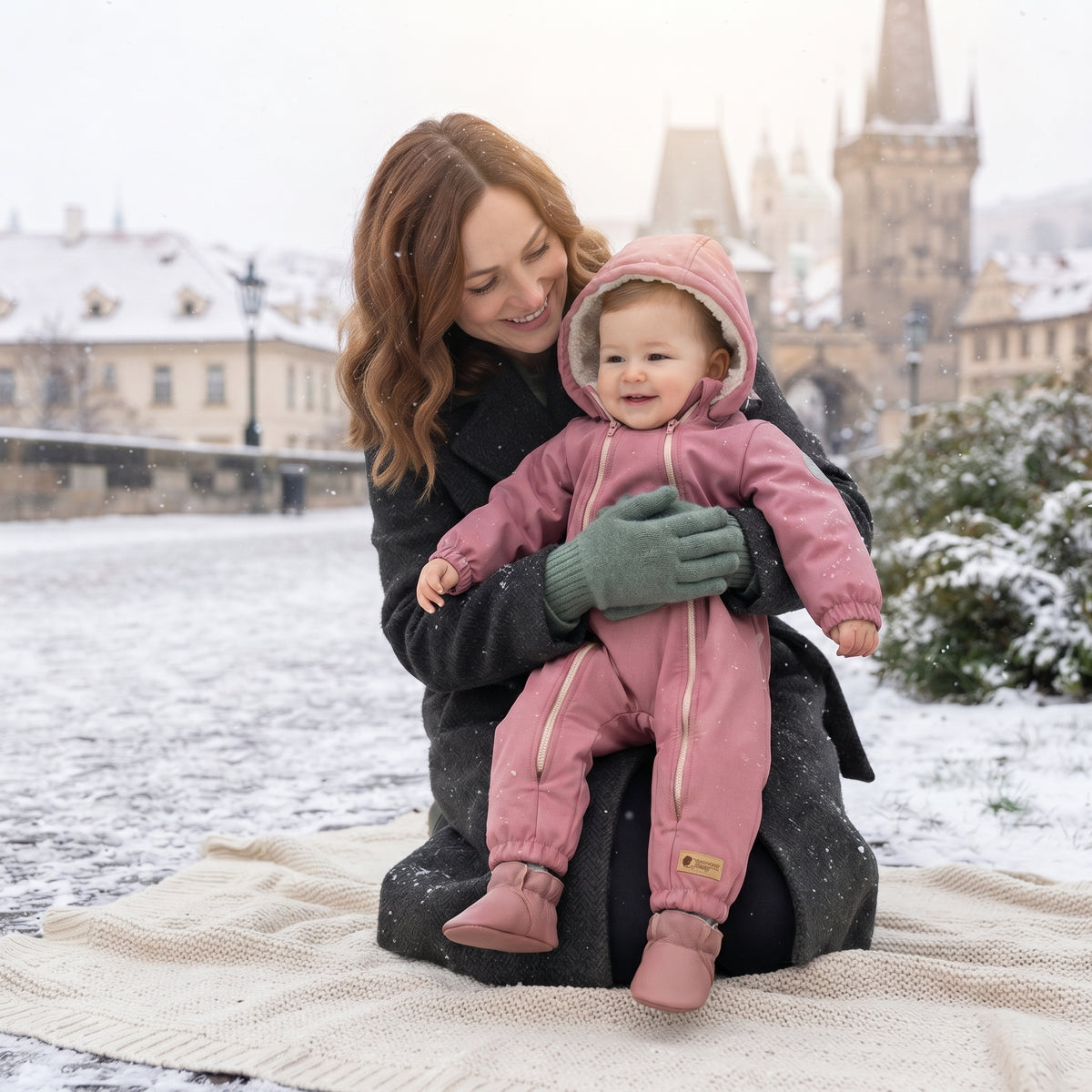 Monkey Mum® Salopetă de iarnă din softshell pentru copii cu blăniță - Oiță roz - măr. 62/68, 74/80