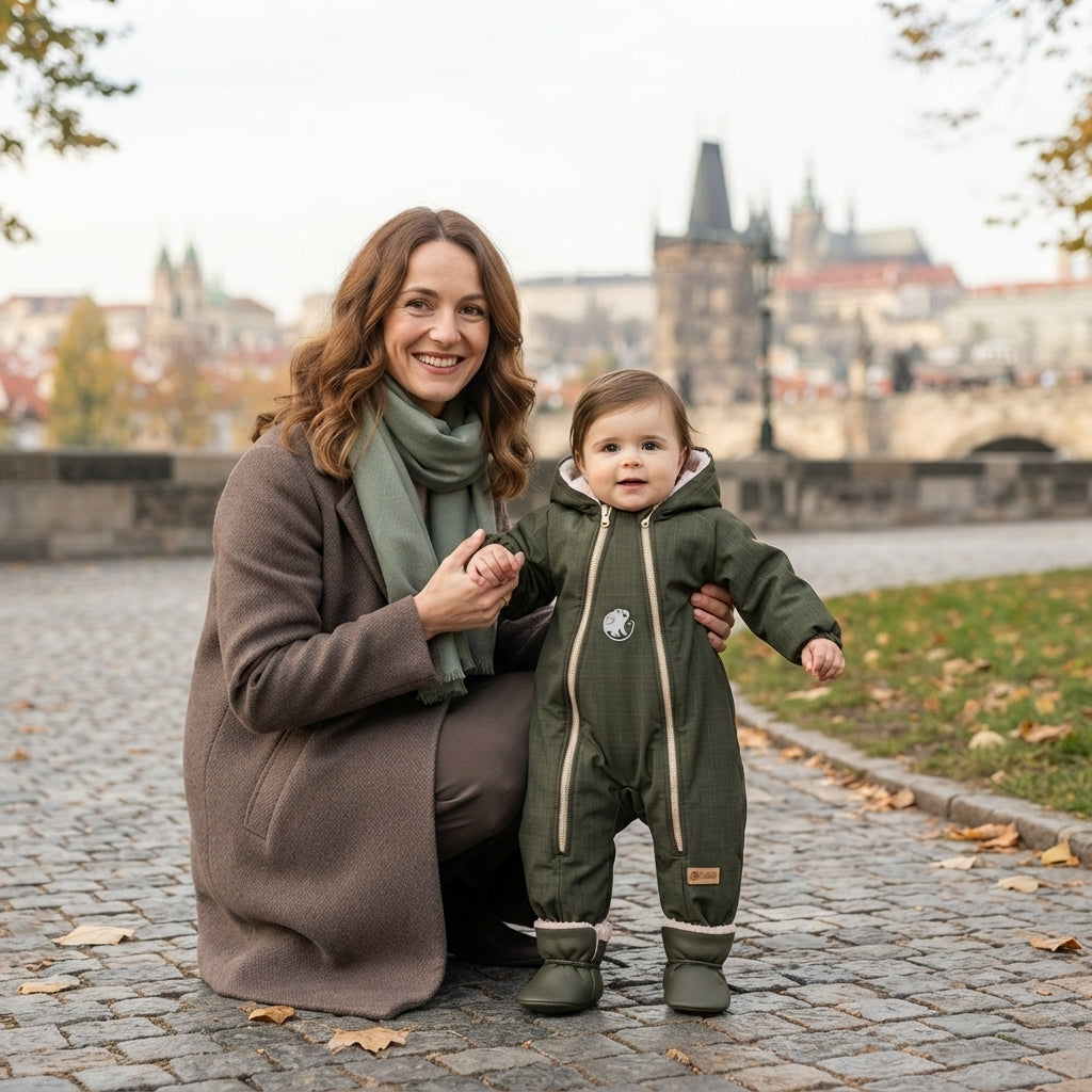 Monkey Mum® Salopetă de iarnă din softshell pentru copii cu blăniță - Micul vânător kaki - măr. 62/68, 74/80