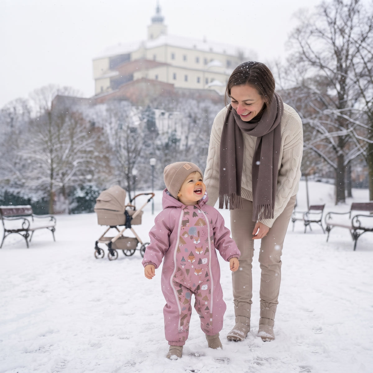 Monkey Mum® Combinezon de iarnă softshell pentru copii cu blăniță de miel - Oiță roz în pădure - măr. 62/68, 74/80