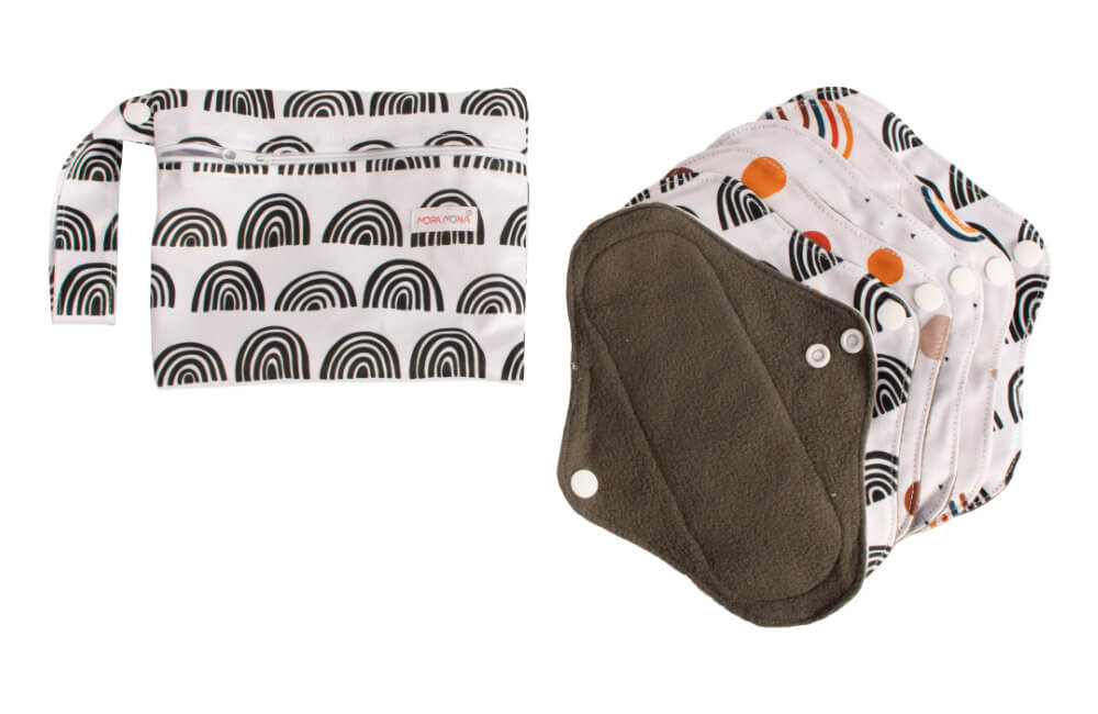 Absorbante textile menstruale cu capse - set de 6 buc. - Curcubeie alb-negru