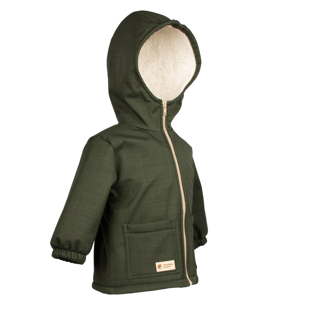 Jachetă de iarnă din softshell pentru copii cu blăniță Monkey Mum® - Micul vânător kaki