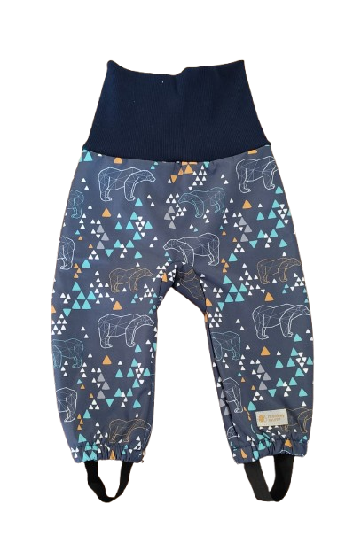 Pantaloni de iarnă din softshell pentru copii, extensibili, cu lână de miel Monkey Mum® - Urs origami - Albastru închis