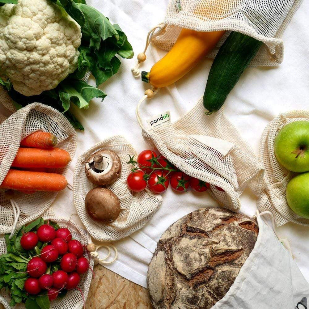 Săculeț de plasă din bumbac organic pentru fructe, legume și pâine set 7 buc