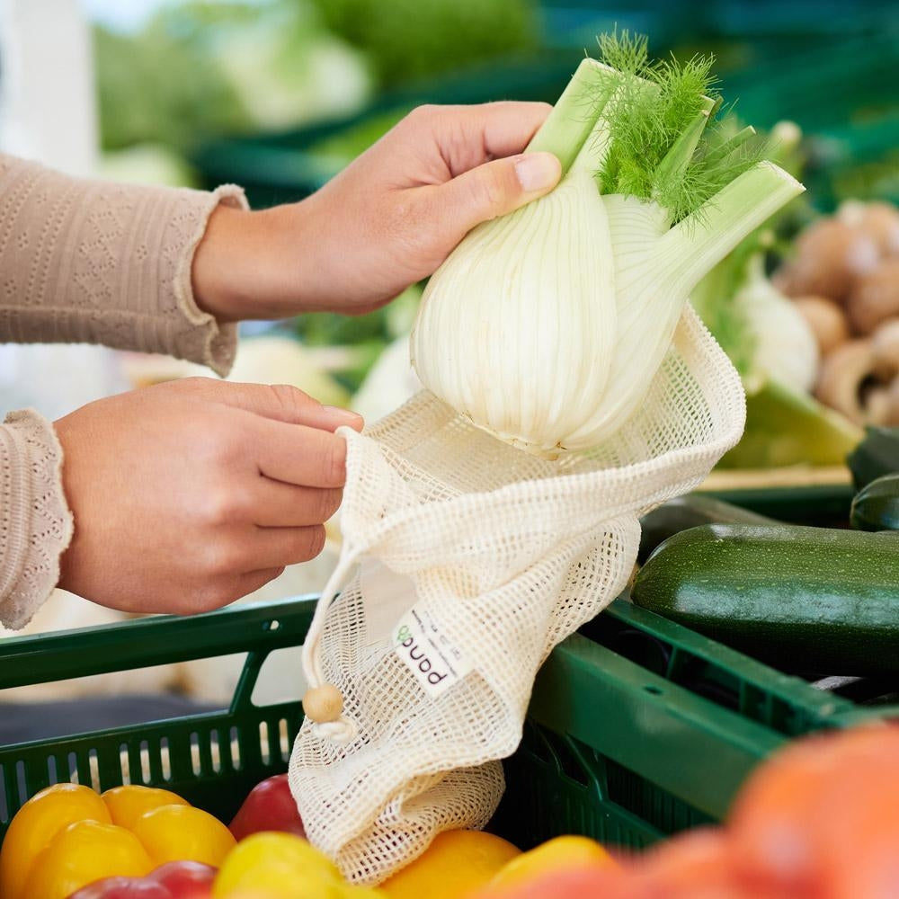 Săculeț de plasă din bumbac organic pentru fructe, legume și pâine set 7 buc