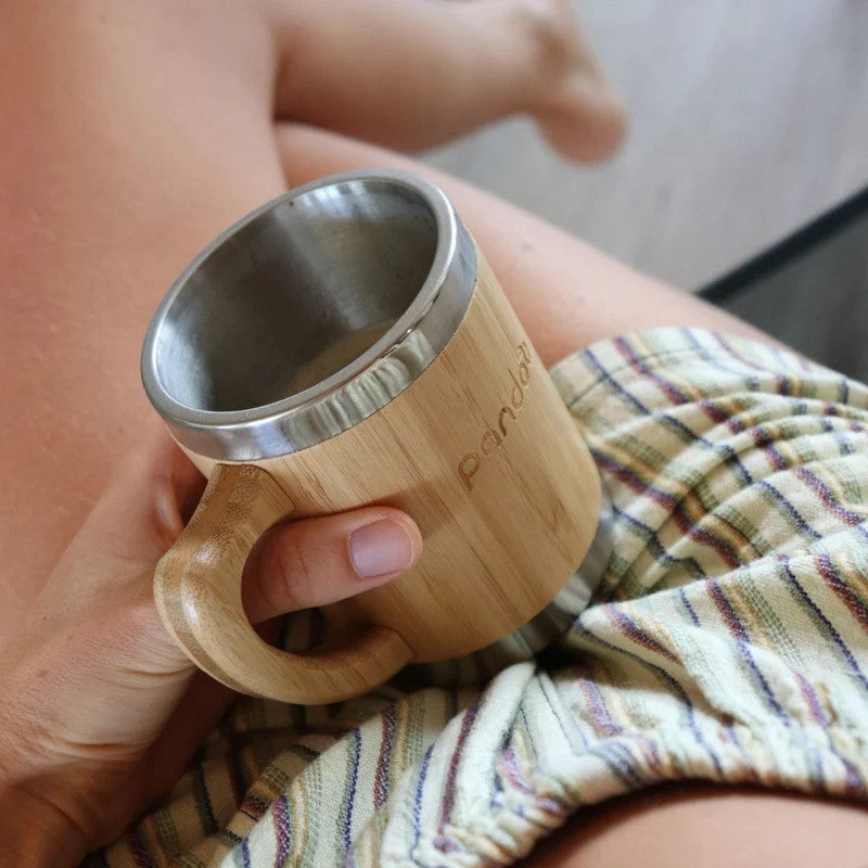 Cană de cafea și ceai din oțel inoxidabil cu perete dublu, cu suprafață din bambus, 280 ml