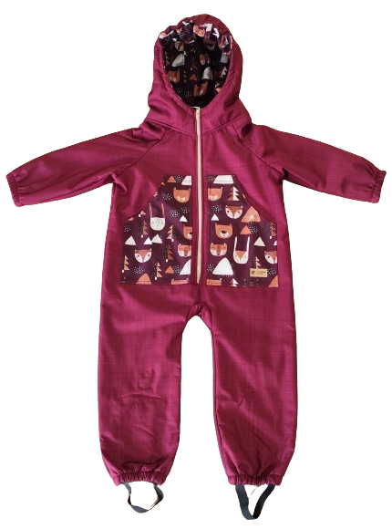 Monkey Mum® Combinezon de iarnă softshell pentru copii cu blăniță de miel - Scufița vișinie în pădure - măr. 98/104, 110/116