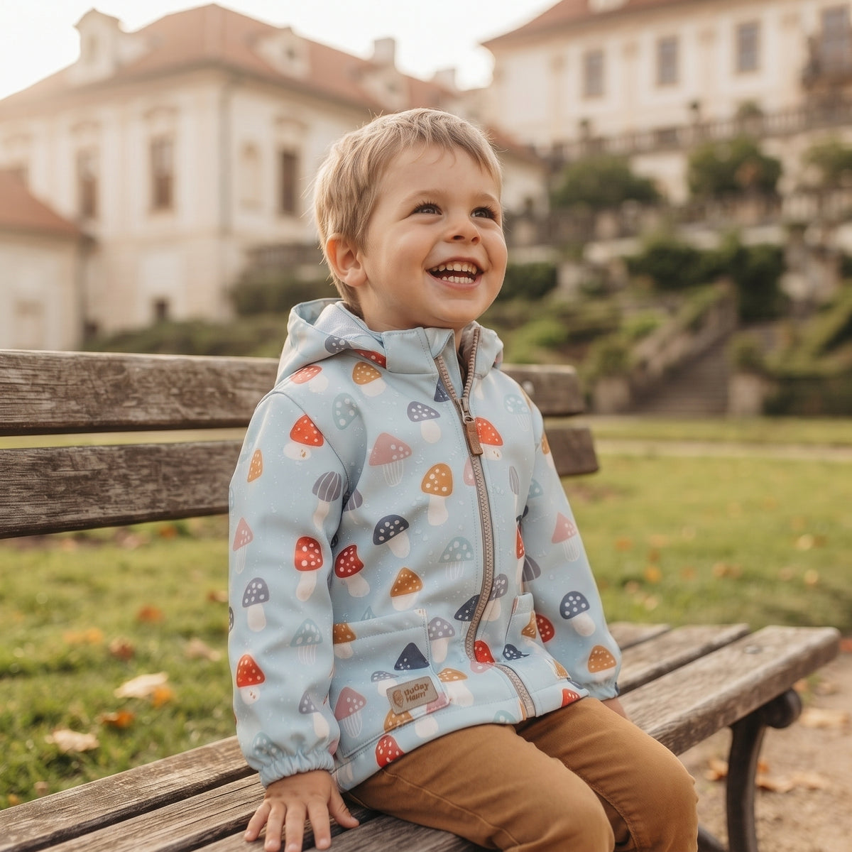 Geacă softshell pentru copii cu membrană Monkey Mum® - Bureți otrăvitori multicolori