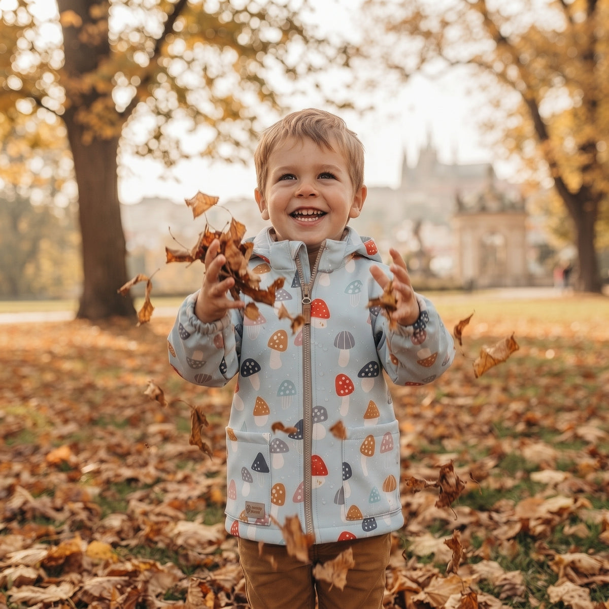 Geacă softshell pentru copii cu membrană Monkey Mum® - Bureți otrăvitori multicolori