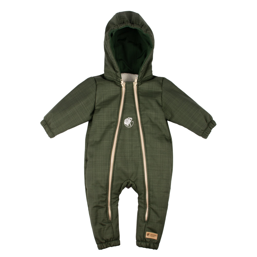 Monkey Mum® Salopetă de iarnă din softshell pentru copii cu blăniță - Micul vânător kaki - măr. 62/68, 74/80