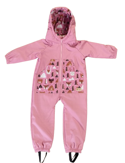 Monkey Mum® Combinezon de iarnă softshell pentru copii cu blăniță de miel - Oiță roz în pădure - măr. 98/104, 110/116